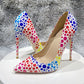 Tikicup Colorful Spotted Print Women Glossy Pointy Toe High Heel Shoes Comfortable Slip On Stiletto Pumps for Floral Dress、