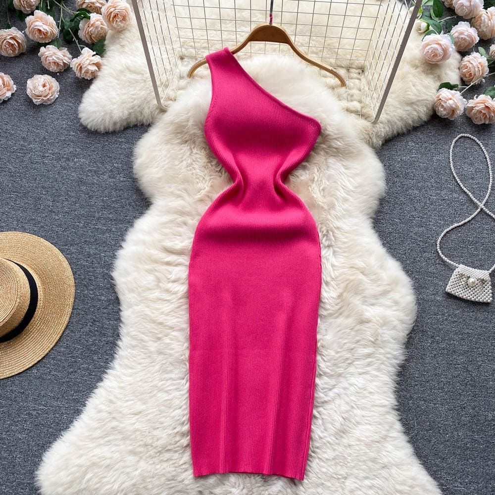 Summer Women Dress Sexy One Shoulder Knitted Bodycon Dress