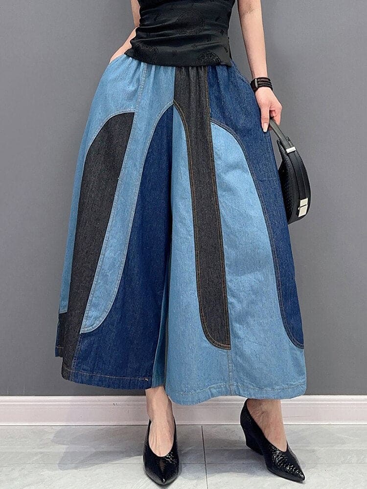 Fashion Casual Patchwork Elastic Waist Wide Leg Pants Ankle Length Pants Trendy Women Pants