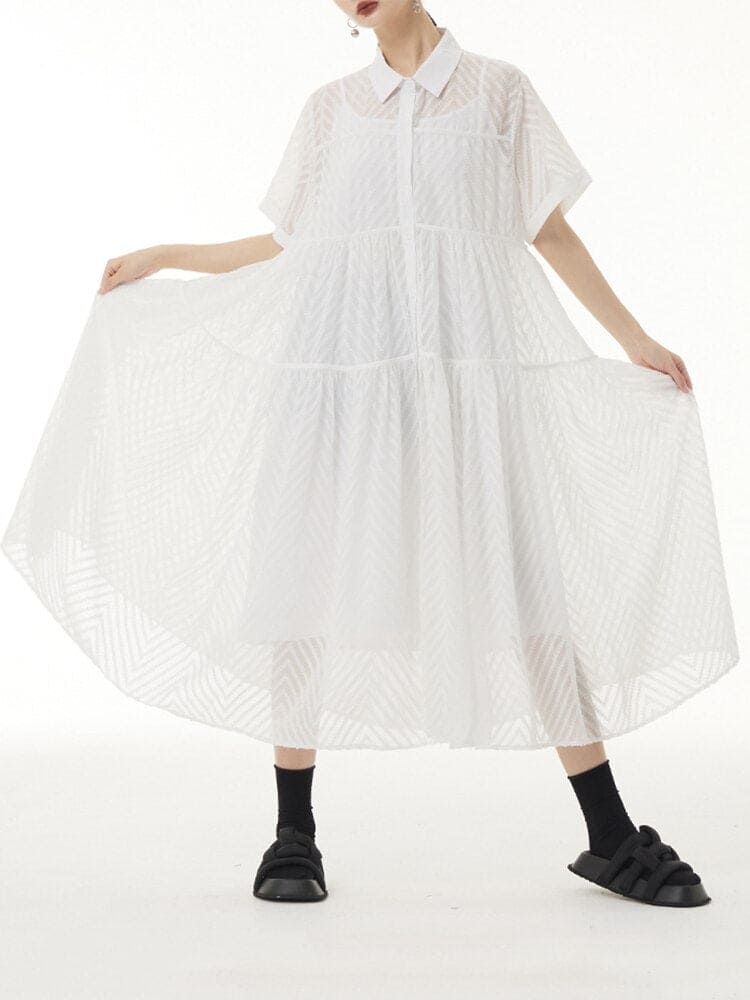 Lace Gauze Shirt Dress Loose Fashion Casual Women Short Sleeve Dress Summer New Temperament Turn-down Collar Dress