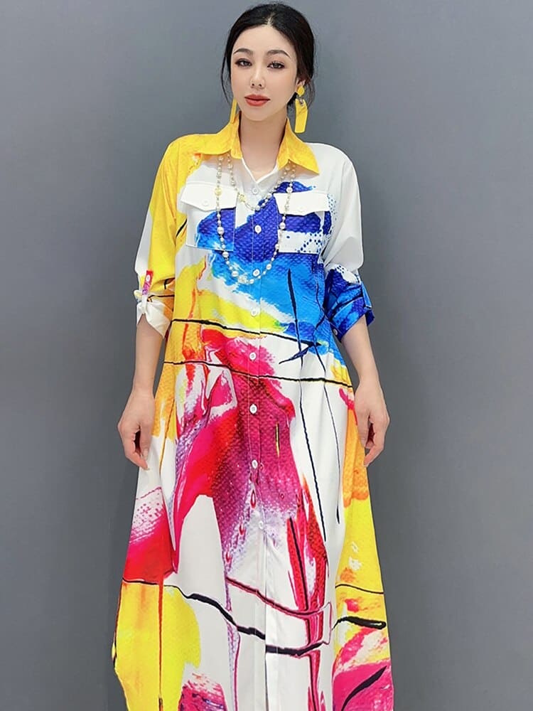 Print Fashion Asymmetrical Turn Down Collar Dress