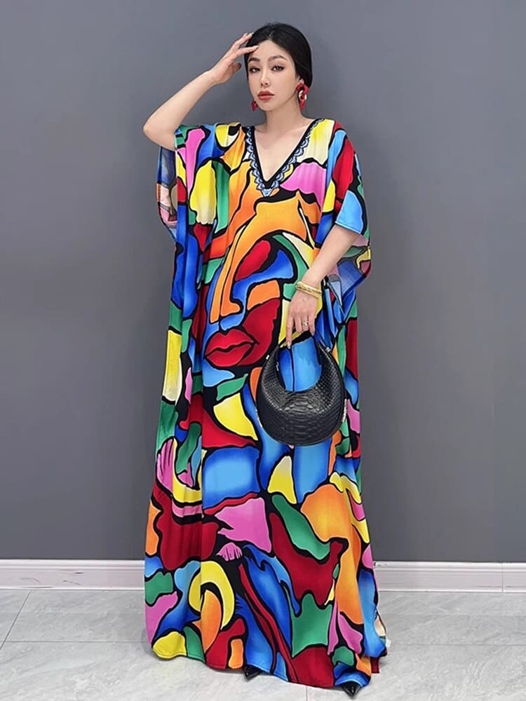 Fashion Print V-neck Loose Women Dress Personality Temperament Female Summer New Arrival Casual Trendy Dress