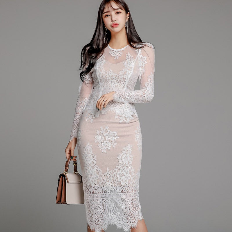 Lace top+slim fit hip wrap skirt two-piece set for women