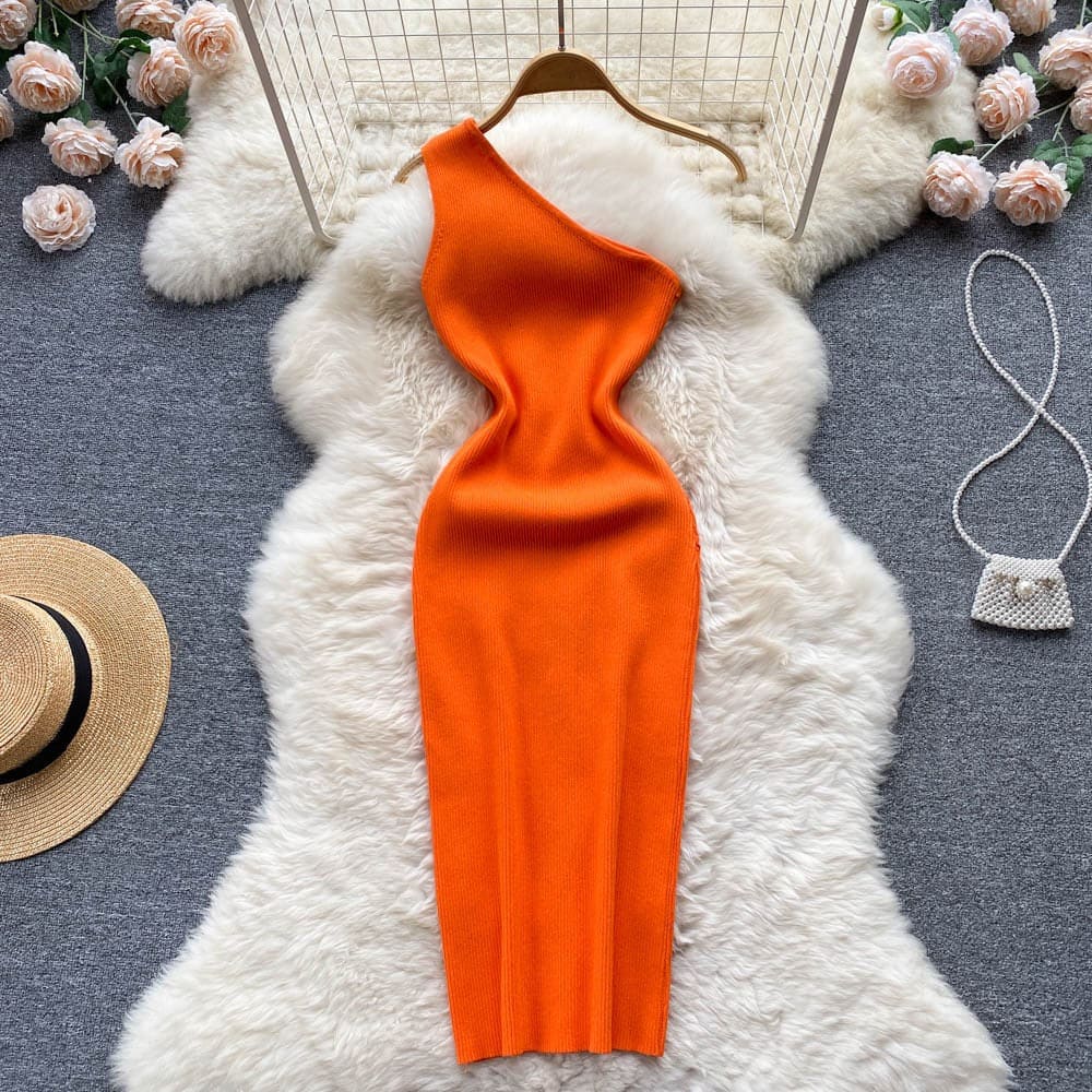 Summer Women Dress Sexy One Shoulder Knitted Bodycon Dress