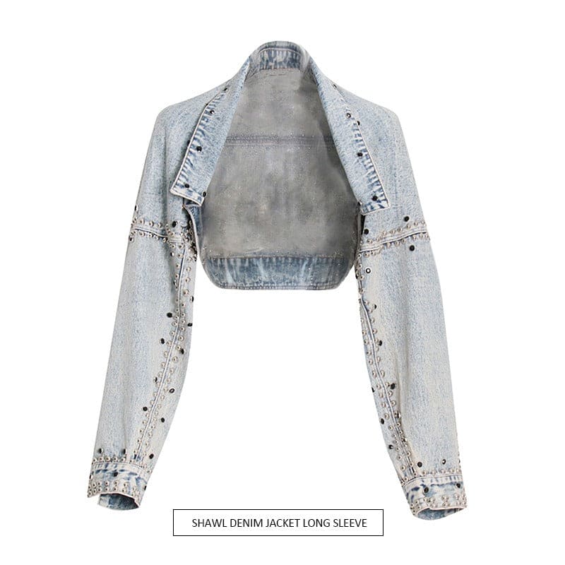 Fit Blue Denim Rivet Short Cool Jacket New Lapel Long Sleeve Women Coat Fashion Tide Spring Autumn