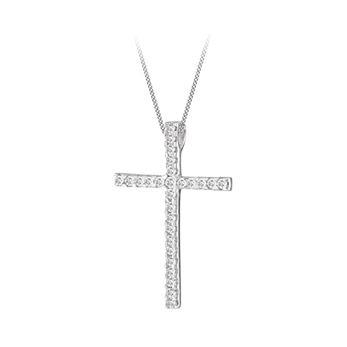 Tuscany Silver Women's Sterling Silver Large White Cubic Zirconia Set Cross Pendant on Curb Chain of 46cm/18"