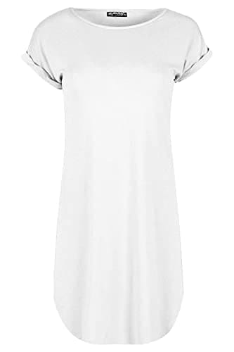 Fashion Star Womens Curved Hem Turn Up Cap Sleeve Tunic T-Shirt Mini Dress Plain White S/M (UK 8/10)