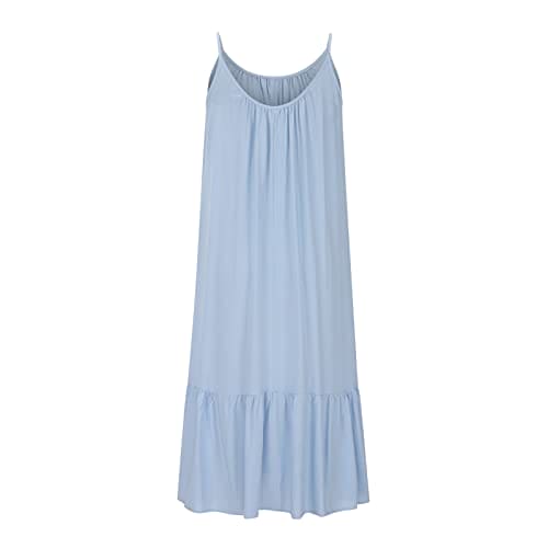 Holiday Beach Dress for Women UK Clearance Boho Spaghetti Strap Long Dress Sleeveless Maxi Dress Summer Casual Linen Sundress Solid Color Beach Dresses Swing Loose Flowy Dress Sky Blue