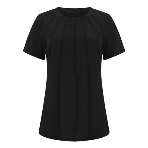 Angxiwan Today 2024 Items Under 5 Pounds Women's Blouses & Shirts Womens Casual Crew Neck Short Sleeve Pleated Tops Blouses Fashion Clothes 2024 Black