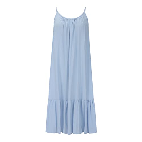 Holiday Beach Dress for Women UK Clearance Boho Spaghetti Strap Long Dress Sleeveless Maxi Dress Summer Casual Linen Sundress Solid Color Beach Dresses Swing Loose Flowy Dress Sky Blue