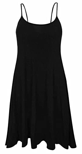 Fashion Fairies Womens Sleeveless Strappy Cami Swing Dress Printed Plain Top Ladies Summer Wear Cami Flared Dress Black