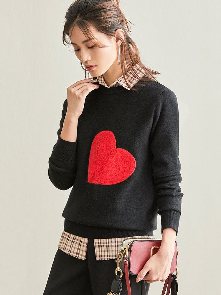 Wholesale Women Knit Sweater Embroidery Red Heart O-Neck Simple Style Fall Spring Autumn Slim Pullover Harajuku