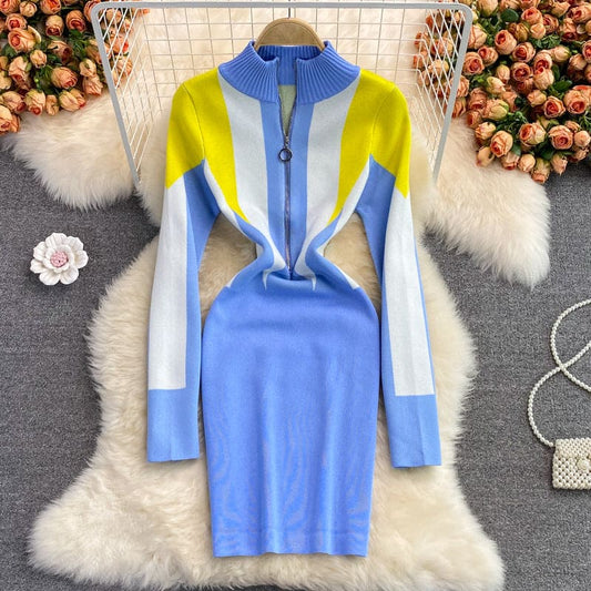 Women Knitted Sweater Dress Zipper Collar Long Sleeve Casual Dress