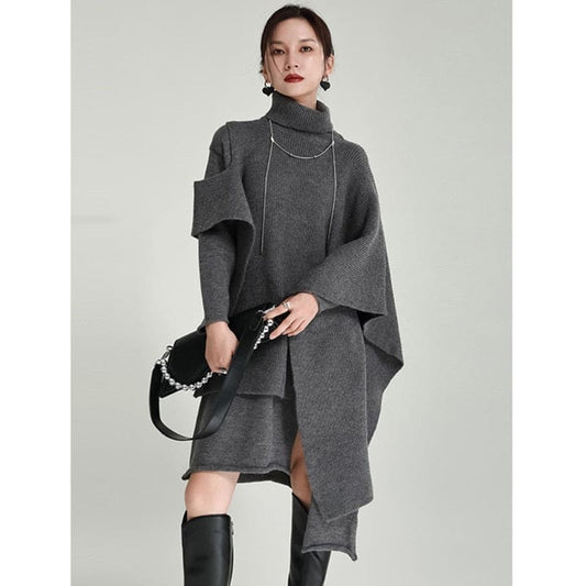 Women Gray Irregular Design Knitting Dress New Turtleneck Long Sleeve Loose Fit Fashion Tide Spring Autumn