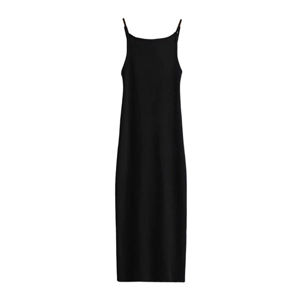 Women Fashion Solid Basic Fitted Knit Midi Dress Vintage Backless Thin Straps Female Dresses