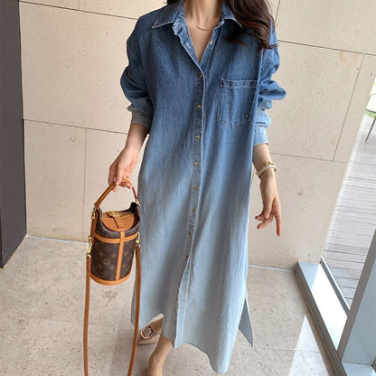 Turn-turn Collar Button Denim Dress Shirt Maxi Long Sleeve Vestido De Mujer Vintage Casual  Fall Spring Korean Femme Robe Chic