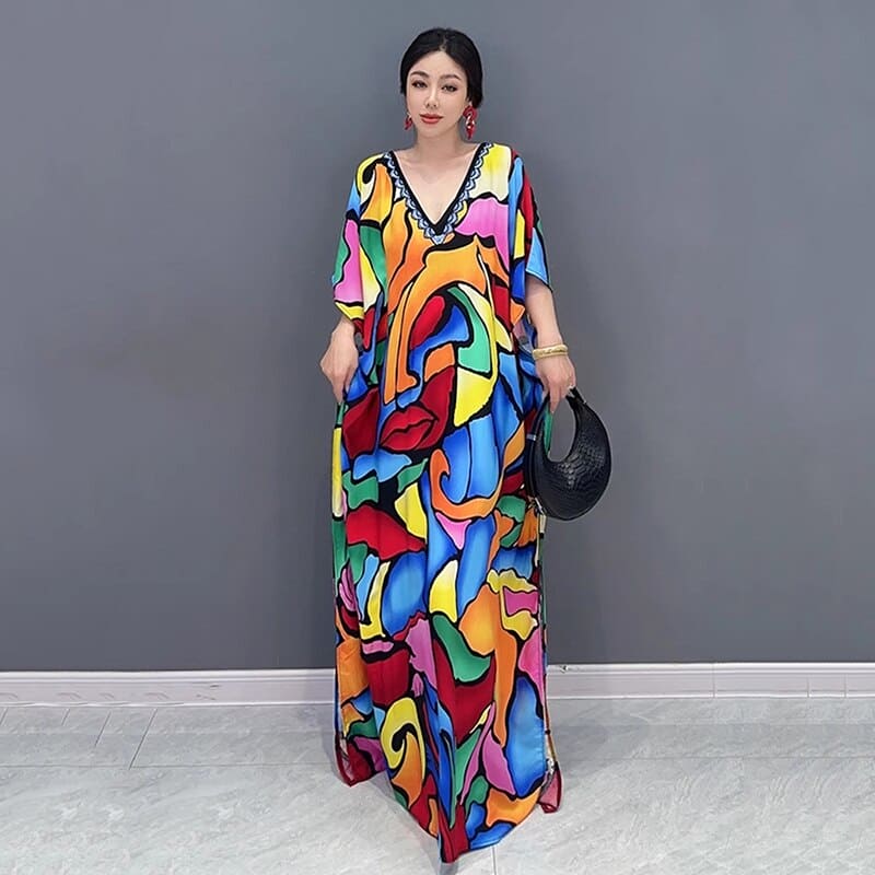 Fashion Print V-neck Loose Women Dress Personality Temperament Female Summer New Arrival Casual Trendy Dress