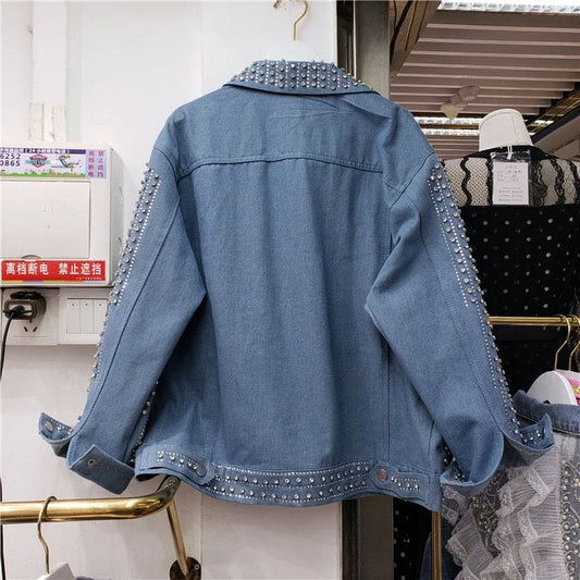 Heavy Work Diamonds Beading Long Sleeve Denim Jacket Women Loose Short Student Cowboy Outerwear Vintage Blue Jeans Jacket Female