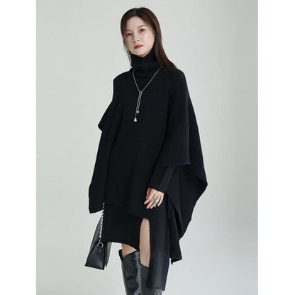 Women Gray Irregular Design Knitting Dress New Turtleneck Long Sleeve Loose Fit Fashion Tide Spring Autumn