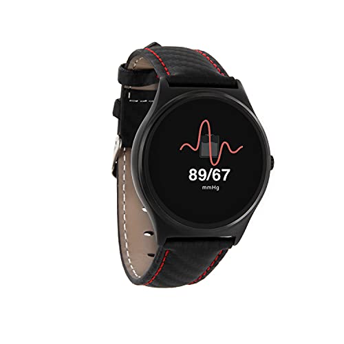 X-WATCH QIN XW PRO Carbon Red Smartwatch, Leather Strap, iOS & Android- Anti Glare Touch Screen, Step Counter, Calories Burnt, Heart Rate, Blood Pressure Monitor, Workout Tracker, Long Battery Life