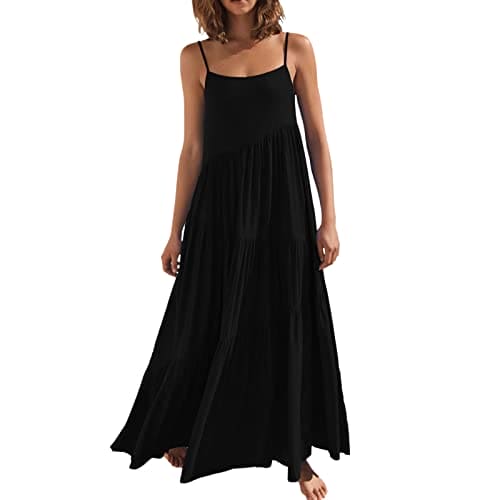 Women Maxi Dress Spaghetti Strap Long Dress Ladies Summer Casual Sleeveless Nightdress Pleated Flowy Beach Dress Swing Vacation Loose Dresses