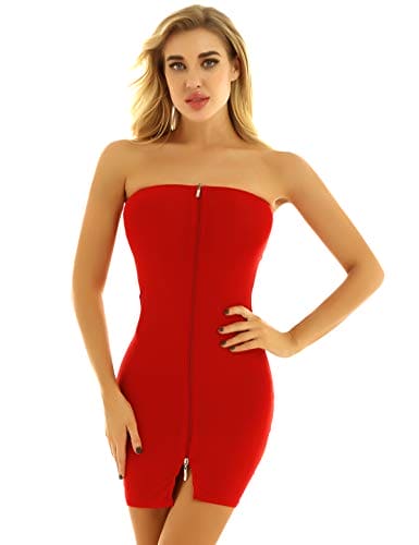 ranrann Women's See Through One Piece Bodycon Mini Tube Dress Nightclub Teddy Lingerie Dresses Red Zipper One Size