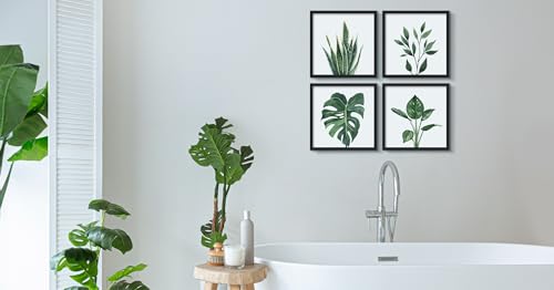 ArtbyHannah Framed Wall Art Decor with Botanical Prints 25x25cm Green Tropical Snake Plant Fern Artwork Poster 10x10 inch, Square Pictures Set of 4, Wall Decoration for Living Room Bathroom Bedroom