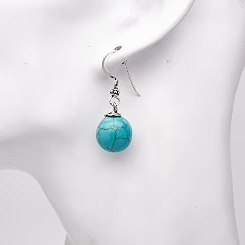 TreasureBay Handmade 12mm Natural Blue Turquoise Dangle Drop Ball Earrings, Womens Pierced Earrings