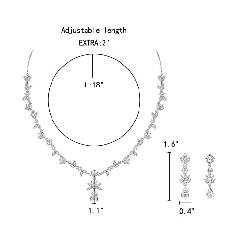 Clearine Wedding Bridal Flower Leaf Crystal Teardrop Necklace Earrings Set CZ Marquise Pendant Jewellery Set Gifts for Women Brides Clear Silver-Tone