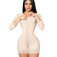 Forma tu Cuerpo, Fajas Colombianas, Bodysuit Mid Thigh with Bra, Long Sleeves, centrar Clasps, Perineal Zipper,O-093,2XL, Beige