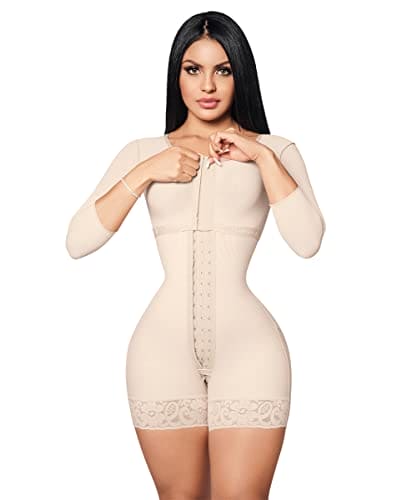 Forma tu Cuerpo, Fajas Colombianas, Bodysuit Mid Thigh with Bra, Long Sleeves, centrar Clasps, Perineal Zipper,O-093,2XL, Beige