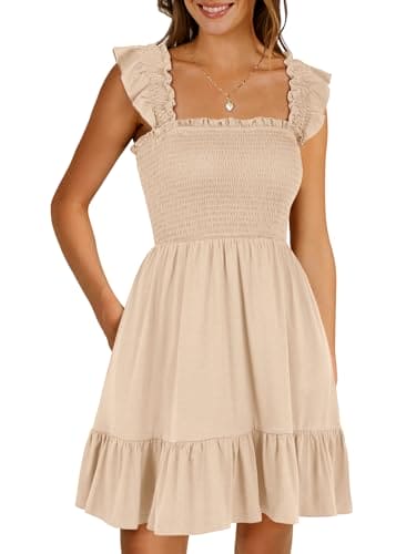 ANRABESS Women's Mini Dress 2024 Summer Casual Sleeveless Square Neck Smocked Ruffle Beach Short Sundress Aline Swing Cute Babydoll Vacation Trendy Cute Dresses A1434-xingse-S Apricot