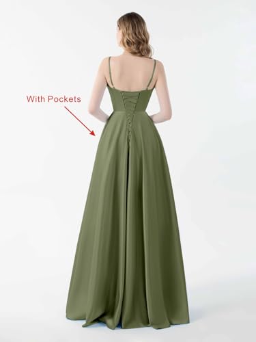 PAVERJER Spaghetti Strap V Neck Satin Prom Dress Long with Pockets Formal Party Dress Ruched Evening Gown Emerald Green Size 2