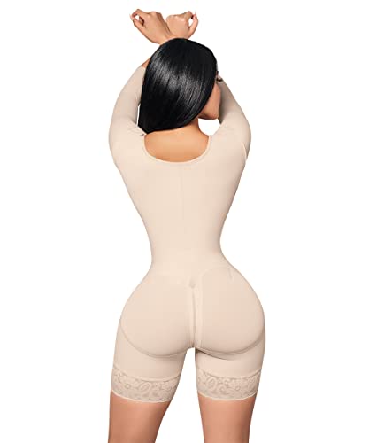 Forma tu Cuerpo, Fajas Colombianas, Bodysuit Mid Thigh with Bra, Long Sleeves, centrar Clasps, Perineal Zipper,O-093,2XL, Beige