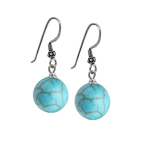 TreasureBay Handmade 12mm Natural Blue Turquoise Dangle Drop Ball Earrings, Womens Pierced Earrings