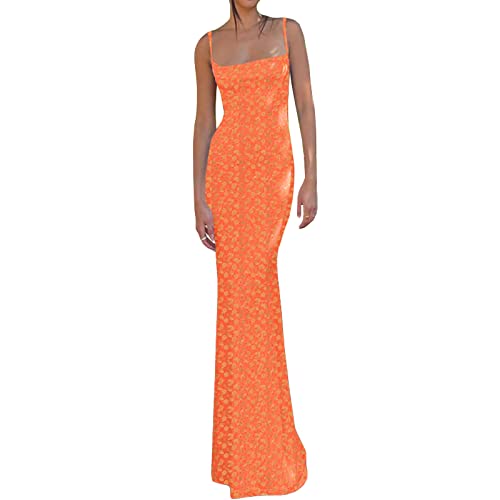 Edhomenn Women Y2k Cutout Maxi Dress Spaghetti Strap Backless Cocktail Dresses Floral Printed Sexy Bodycon Long Dress (Orange, M)