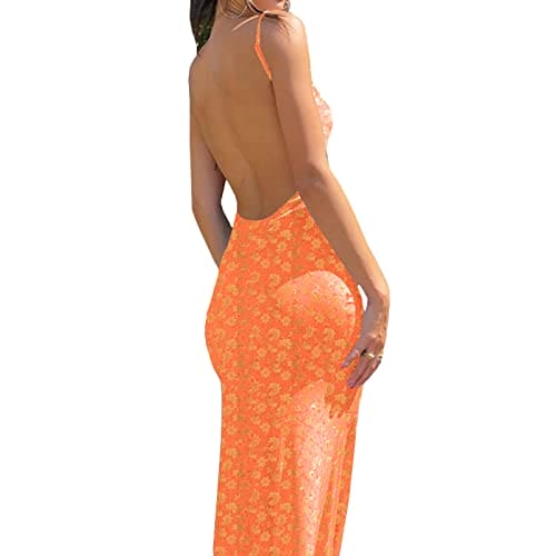 Edhomenn Women Y2k Cutout Maxi Dress Spaghetti Strap Backless Cocktail Dresses Floral Printed Sexy Bodycon Long Dress (Orange, M)