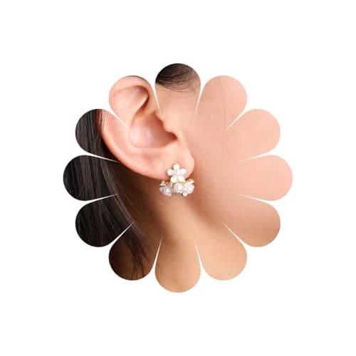 Xduargs Boho Pearl Flower Earrings White Cluster Flower Pearl Earrings Vintage Floral Flower Stud Earrings Lily Flower Petal Statement Earrings Jewelry for Women