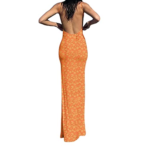 Edhomenn Women Y2k Cutout Maxi Dress Spaghetti Strap Backless Cocktail Dresses Floral Printed Sexy Bodycon Long Dress (Orange, M)