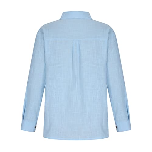 AMhomely Women's Tops Party Elegant Short/Long Sleeve For Work UK Cotton Linen Blouse Button Down Casual T Shirts Business Office Tunic With Breast Pocket Oversized Plus Size Light Blue XXL