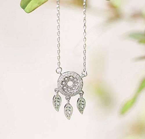 Iszie 925 Sterling Silver Sweet Feather Charm Crystal Dreamcatcher Pendant Girls Ladies Fashion Necklace