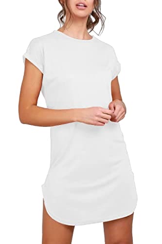 Fashion Star Womens Curved Hem Turn Up Cap Sleeve Tunic T-Shirt Mini Dress Plain White S/M (UK 8/10)