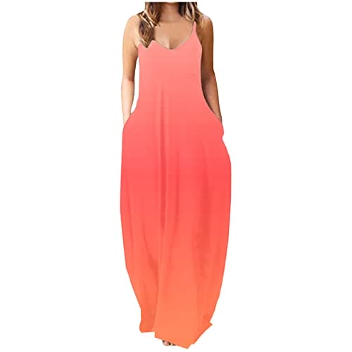 HAOLEI Maxi Dresses for Women Plus Size Loose Baggy Tie Dye Dress Sleeveless Spaghetti Strap Sundress Summer V Neck Long Dresses Beach Casual Elegant Gradient Print Dress with Pockets UK Clearance