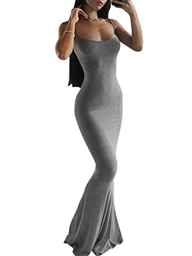 Edhomenn Womens Sexy Fish Tail Bodycon Maxi Dress Sleeveless Spaghetti Strap Long Dress Summer Solid Slim Fit Y2K Dress (A-Grey, S)