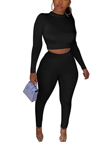 Kaximil Women's Workout Tracksuit 2 Piece Outfits Long Sleeve Crop Top High Waist Legging Pants Set, Small, Black