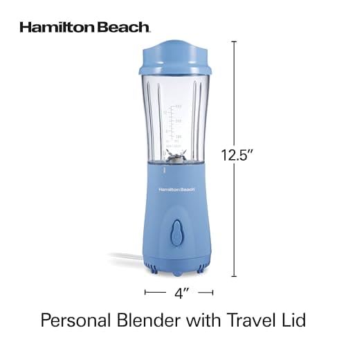 Hamilton Beach Portable Blender for Shakes and Smoothies with 14 Oz BPA Free Travel Cup and Lid, Durable Stainless Steel Blades for Powerful Blending Performance, Tranquil Blue (51172)