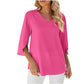 O-727 Hot Pink Loose Fit Long Tee Shirts for Women Fall Summer Split Short 1/2 Sleeve Vneck Casual Plain Tops Shirt Ladies 2024 Soft Comfy Clothing Y2K LQ L