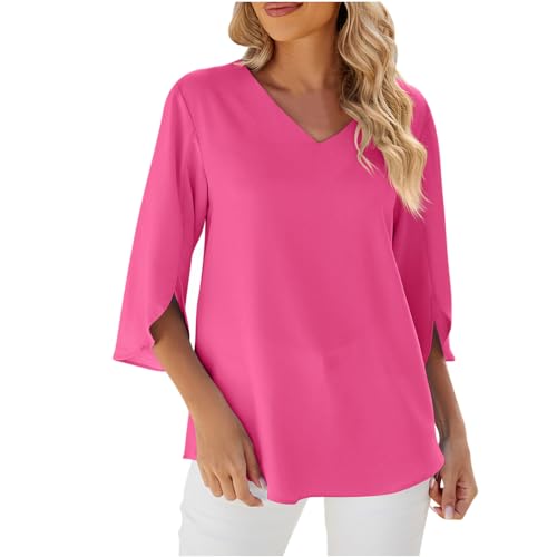 O-727 Hot Pink Loose Fit Long Tee Shirts for Women Fall Summer Split Short 1/2 Sleeve Vneck Casual Plain Tops Shirt Ladies 2024 Soft Comfy Clothing Y2K LQ L