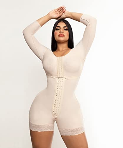 Forma tu Cuerpo, Fajas Colombianas, Bodysuit Mid Thigh with Bra, Long Sleeves, centrar Clasps, Perineal Zipper,O-093,2XL, Beige