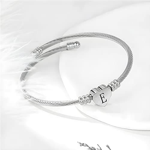 KunBead Jewelry Women Girls Cheap Initial Letter E Cuff Bracelet Silver Alphabet Heart Bangle Bracelets Gift for Birthday Sale